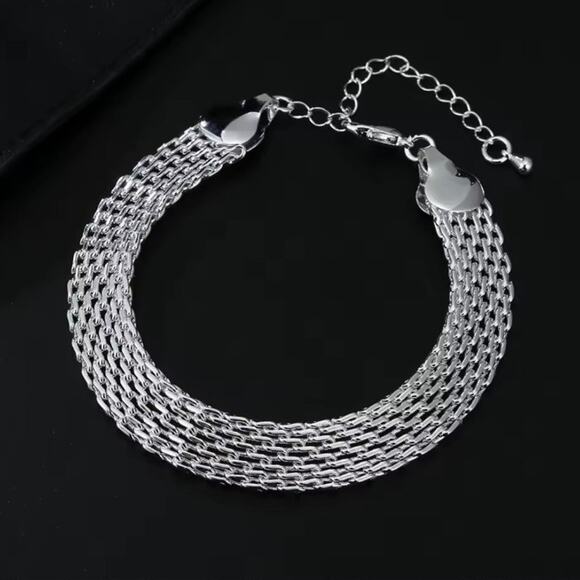 925 Sterling Silver Necklace Bracelet Set Double Chain Geometric Christmas NEW!